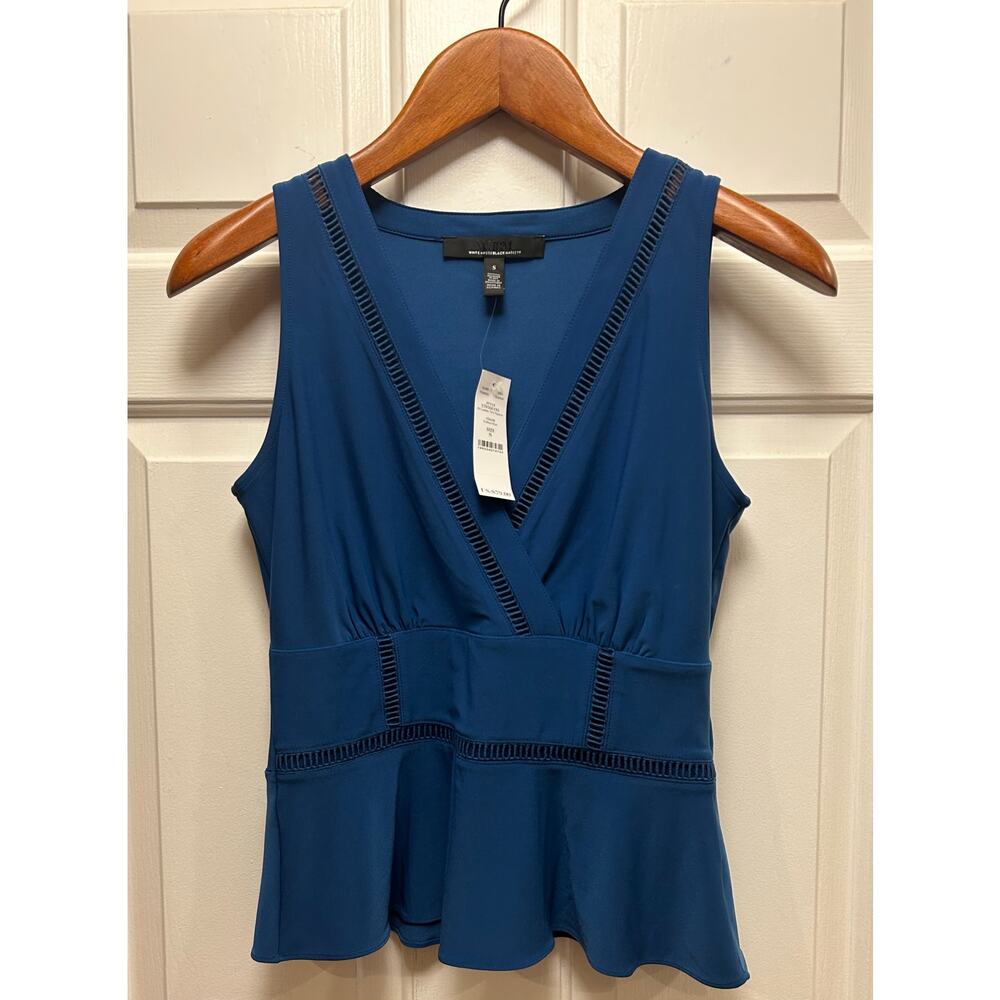 NWT White House Black Market Ladder Trim Peplum Topin Endless Blue, Size S